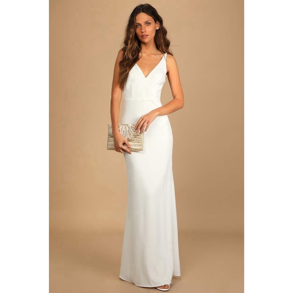 Lulus Love & Happiness Maxi Dress White Button Back Mermaid Size S NWT